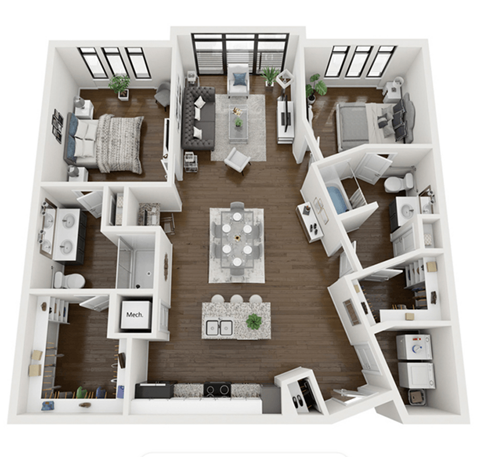 this is a 3d floor plan of a 550 square foot 1 bedroom apartment at the b